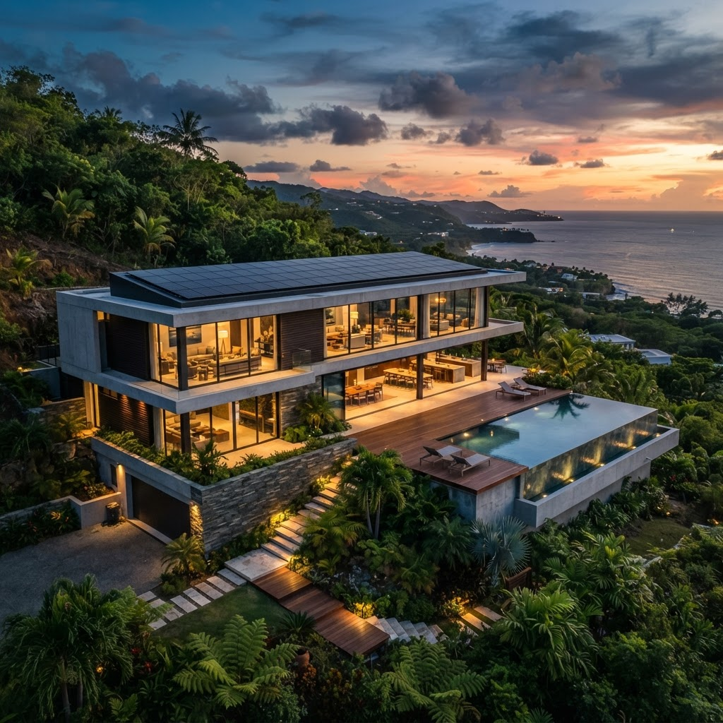 Modern Puerto Rico home with an integrated rooftop solar array at dusk, beach and palms to the right